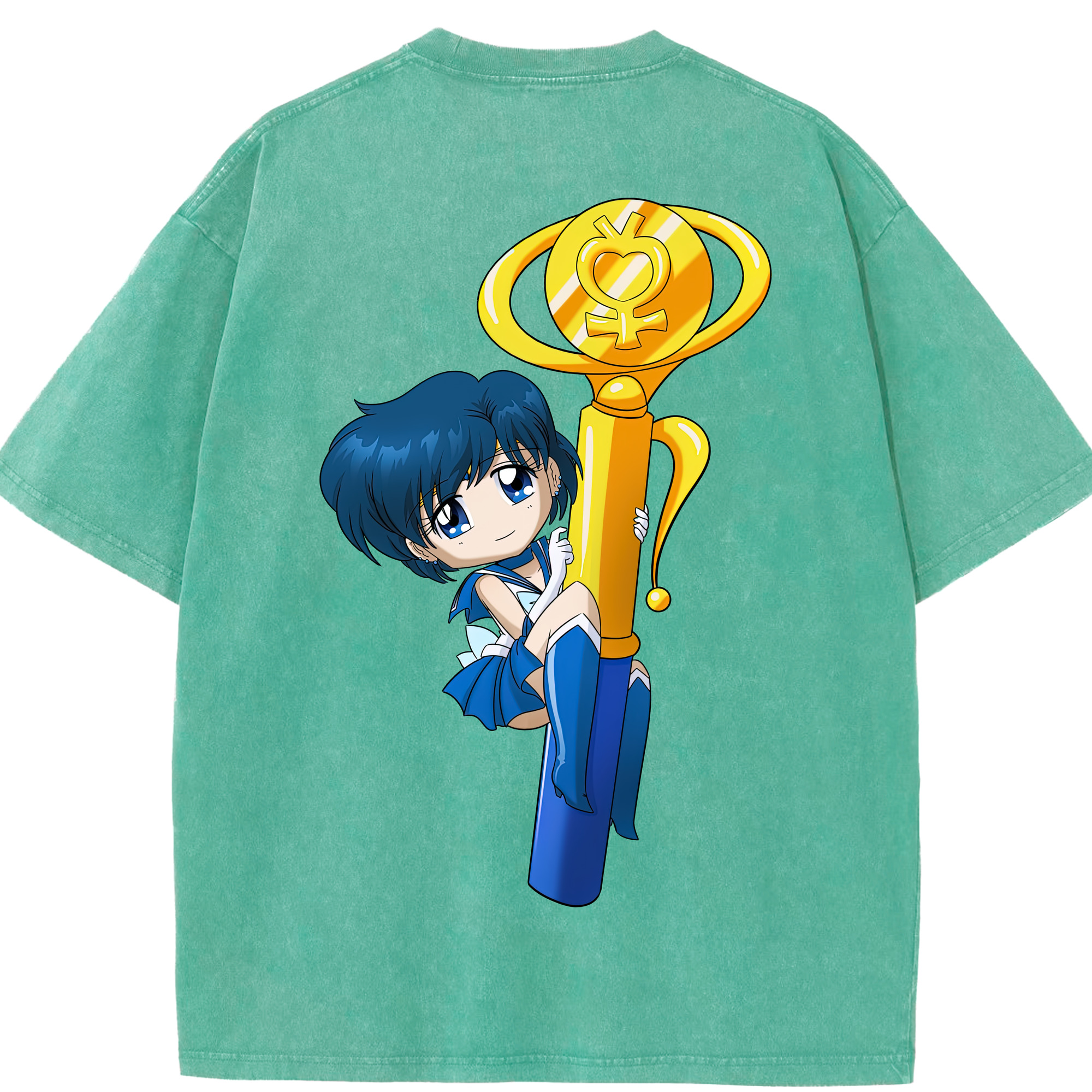 （画像用） 美少女戦士セーラームーン 水野 亜美 みずの あみ Sailor Moon Mizuno Ami 綿100% ヴィンテージ風 半袖Tシャツ（背面プリント）